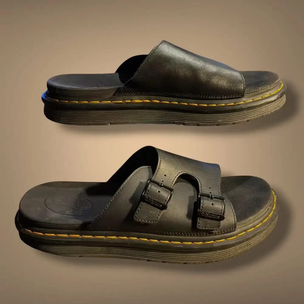 Size 12 Men's DR. MARTENS Dax Hydro Matte Black Leather Slide Sandals VGUC